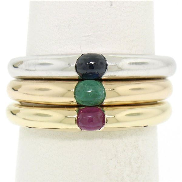 14K Tri Color Gold 3 Stackable Tension Set Emerald Sapphire Ruby Solitaire Rings