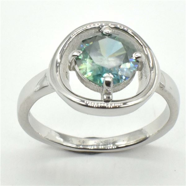 SILVER GREENISH BLUE MOISSANITE (ROUND 7.5 MM)(3.1CT) RING