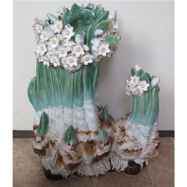 Ceramic Vase w/ Narcissus Flowers, Maker's Mark, 16" Dia, 18" H