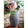 Image 1 : Textured Ceramic Vase On Wood Pedestal w/Silk Lotus Flower, Signed by Artist 26” Tall