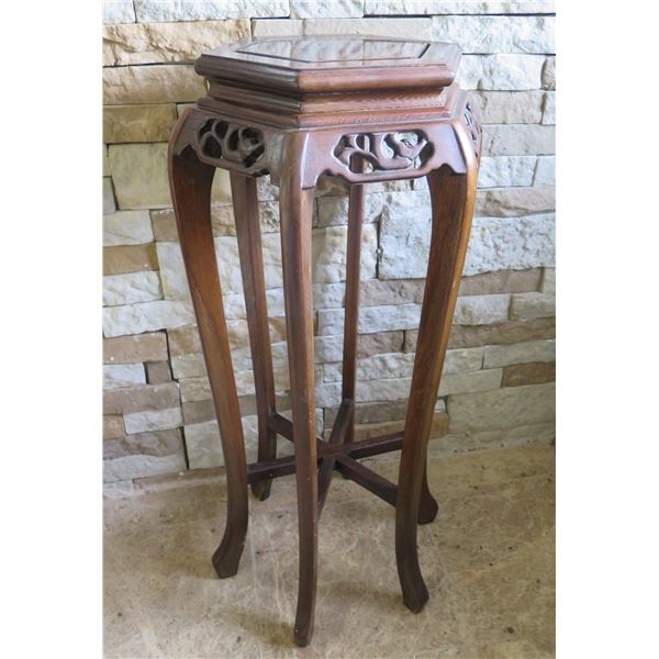 Hexagon Wooden Stand w/Filigree Carving & Curved Legs, 14" Dia 32"H