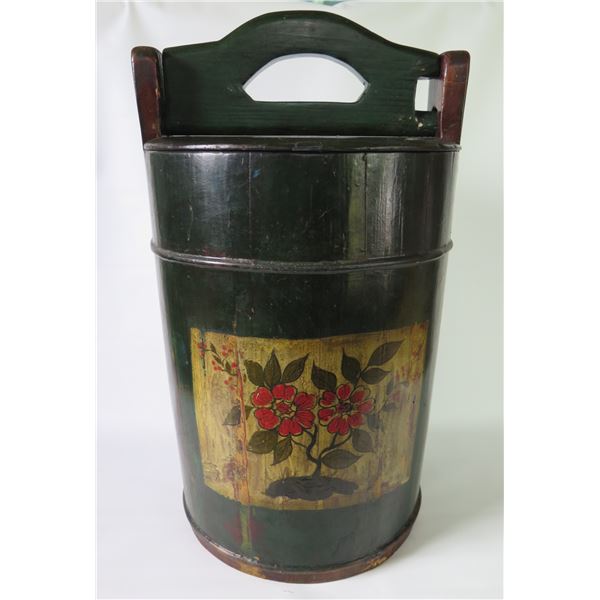Asian Wooden Rice/Water Bucket w/Floral Design 8"W, 18"H