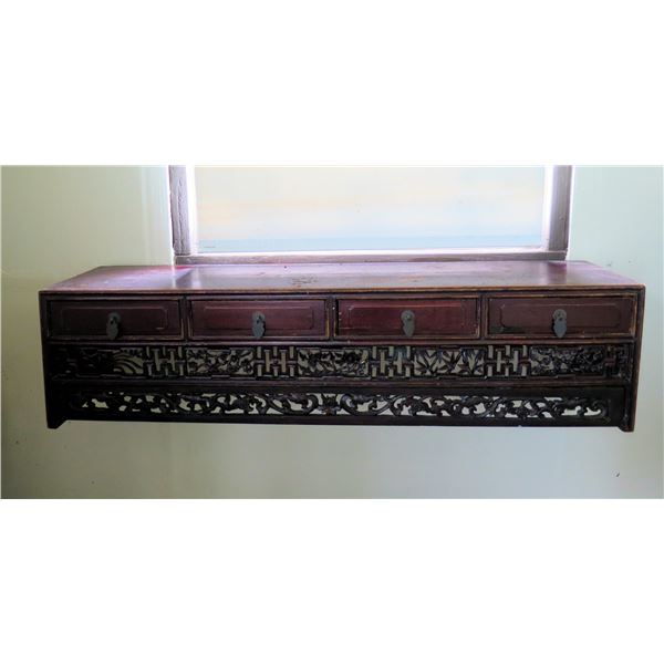 4-Drawer Wooden Desk Stand w/Filigree Carving 42.5" x 11" x 10"H