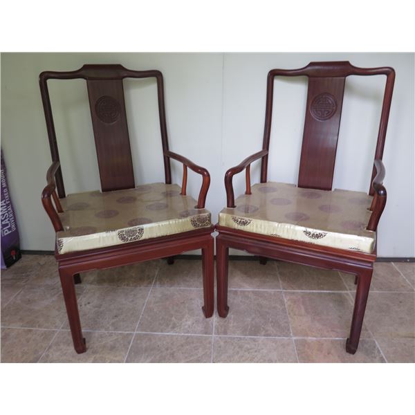 Qty 3 Asian Wood Carved Armchairs w/Gold Fabric Cushions (1 Damaged) 21.5"x18"x39"H