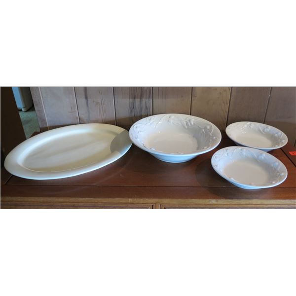 Qty 4 Ipatrizi White Ceramic Serving Dishes, Platter 21", Bowls 15" Dia