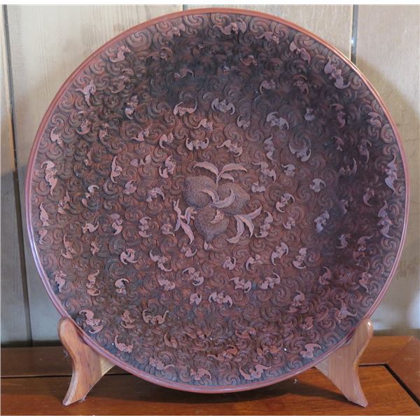 Cinnabar Ceramic Platter w/Engraved Floral Design, Maker's Mark, 14"Dia