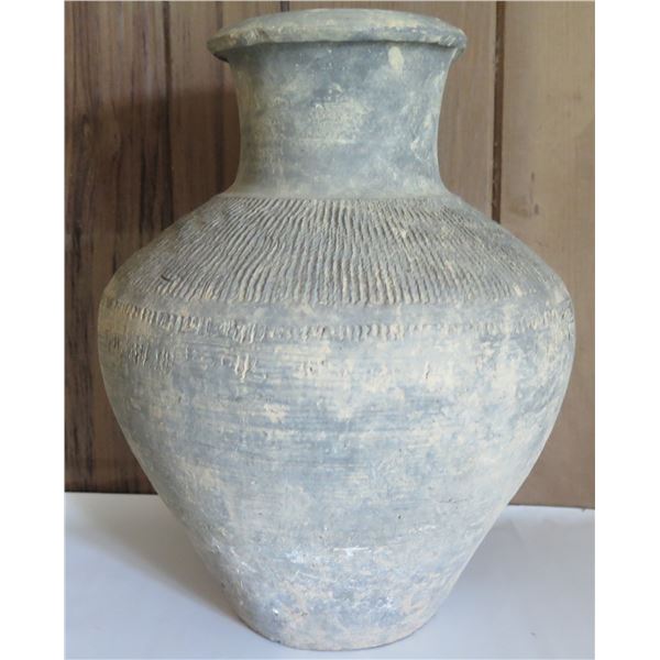 Clay Inscribed Water Pot, Grey 10"Tall