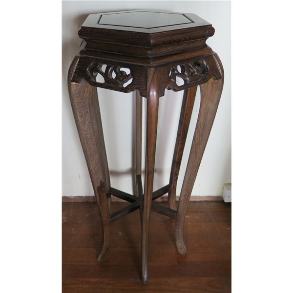 Hexagon Wooden Stand w/ Carving, Curved Legs 12" W 32"Tall