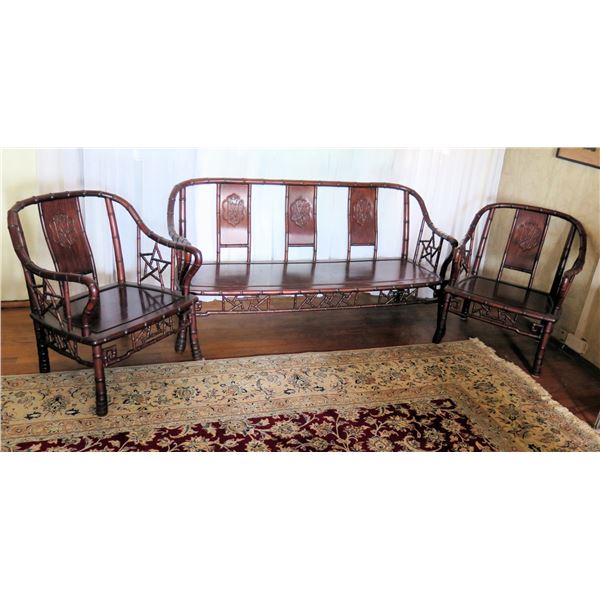 Wooden Bench & 2 Matching Chairs, Carved Bamboo Design 42"x21"x31"H, Chairs 26"W
