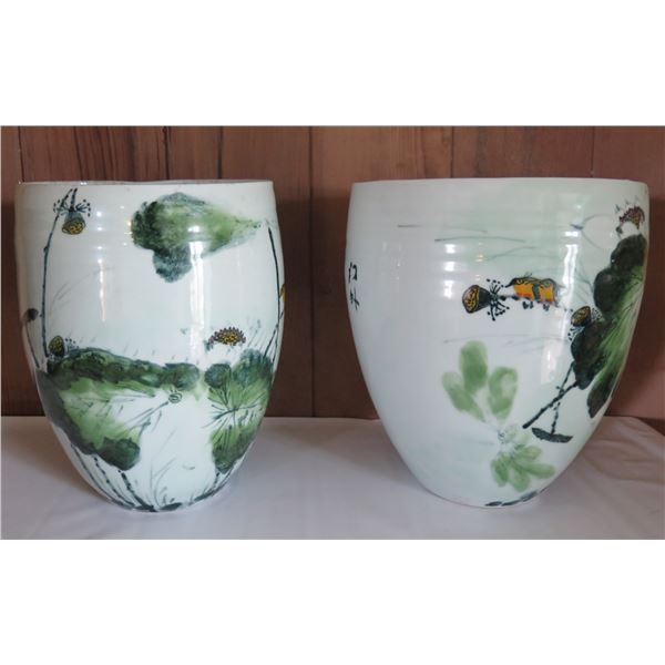 Qty 2 Ceramic Jars w/Floral &Chinese Symbols 12" Tall