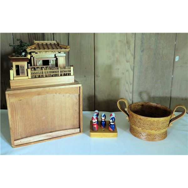 Pagoda Model w/ Wood Box, Peter Blay Wooden Pegs, Wooden Bowl w/ Handles