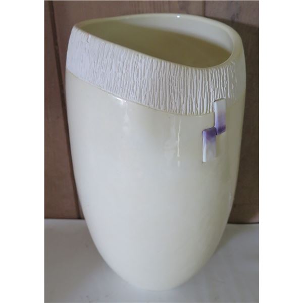 Glazed Ceramic White Vase w/ Maker's Mark 10.5" Tall