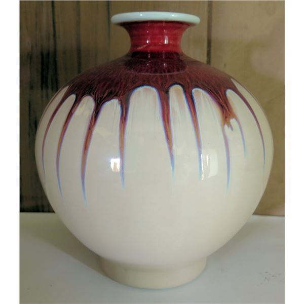 Glazed Rounded Ceramic Bud Vase, White and Red 9.5" Tall