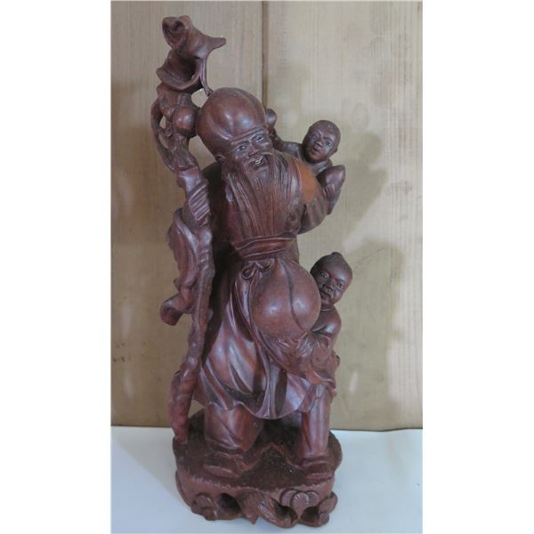 Carved Wooden Figurine, Asian Man w/ Children 12" Tall