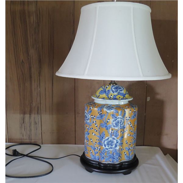 Chinese Ceramic Ginger Jar Lamp, Yellow & Blue, Wood Base, 26" Tall