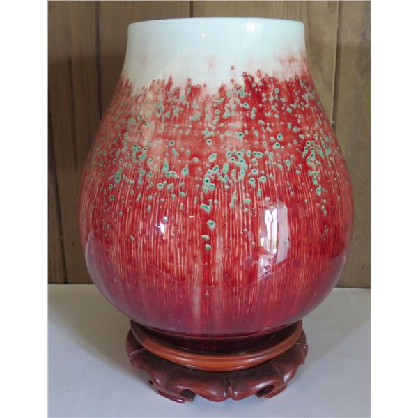 Ceramic Urn on Wood Stand, Jingde Chaiyou Glazed Red/White & Green 11" Tall