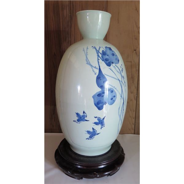 Chinese Porcelain Bud Vase, Blue/White, Leaves & Fruits w/ Chinese Symbols 20.5" Tall