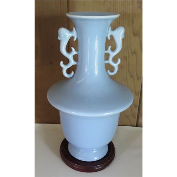 Chinese Porcelain Bud Vase w/ Handles, Lt. Blue, Maker's Mark 12" Tall