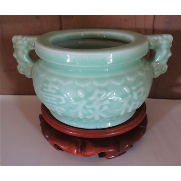 Small Ceramic Bowl w/ Wooden Stand, Celadon 4.5" Tall