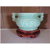 Image 2 : Small Ceramic Bowl w/ Wooden Stand, Celadon 4.5" Tall