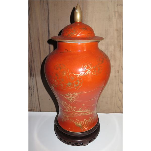 Chinese Ceramic Ginger Jar w/ Wooden Stand 13" Tall