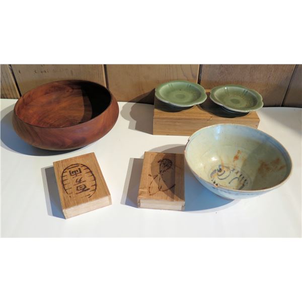 Qty 6 Misc. Asian Pieces: 2 Bowls, 2 Stamped Wooden Boxes, 2 Saucers
