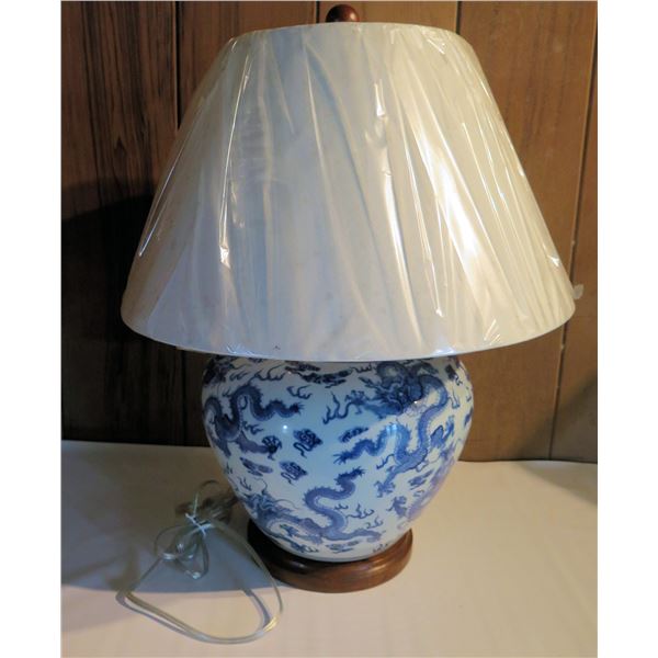Ralph Lauren Chinese Ginger Jar Lamp on Wood Base, Blue & White Dragon Design 22.5" Tall