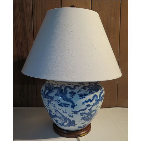 Ralph Lauren Chinese Ginger Jar Lamp on Wood Base, Blue & White Dragon Design 22.5" Tall