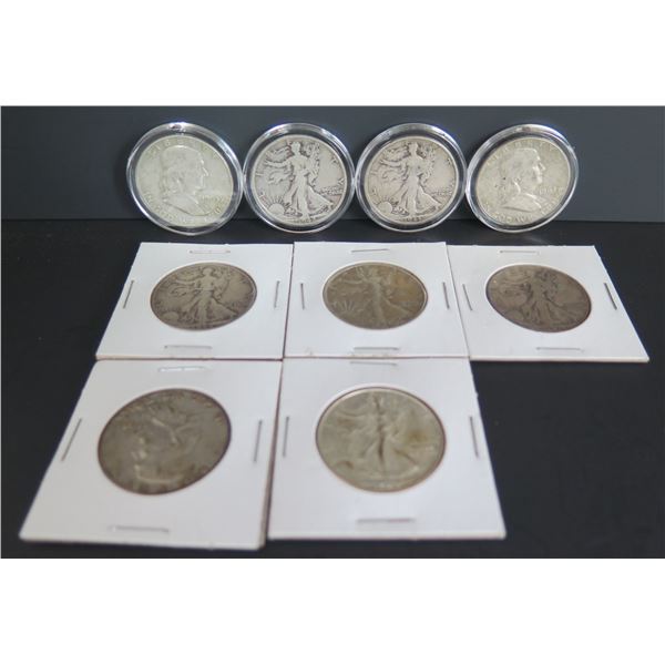 Qty 9 Silver Half Dollars, 6 Standing Liberty, 3 Franklin