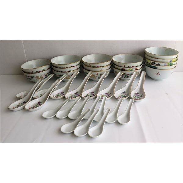 Qty 36 Chinese Rice Bowls & Spoons, China Ceramic Co.