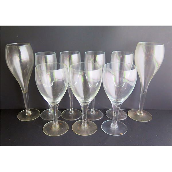Qty 9 Clear Tulip Shaped Wine Glasses,  Various Sizes