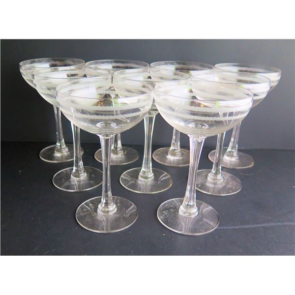 Qty 9 Etched Champagne Coupes