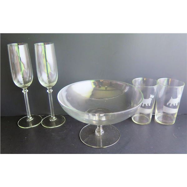 Qty 5 Glassware, Champagne Flutes, Water Glasses, Serving Bowl