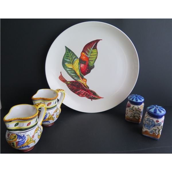 Ceramic Servingware, Plate (Santa Anita Ware), Sm. Pitchers (Italian), Salt & Pepper (Portugal)