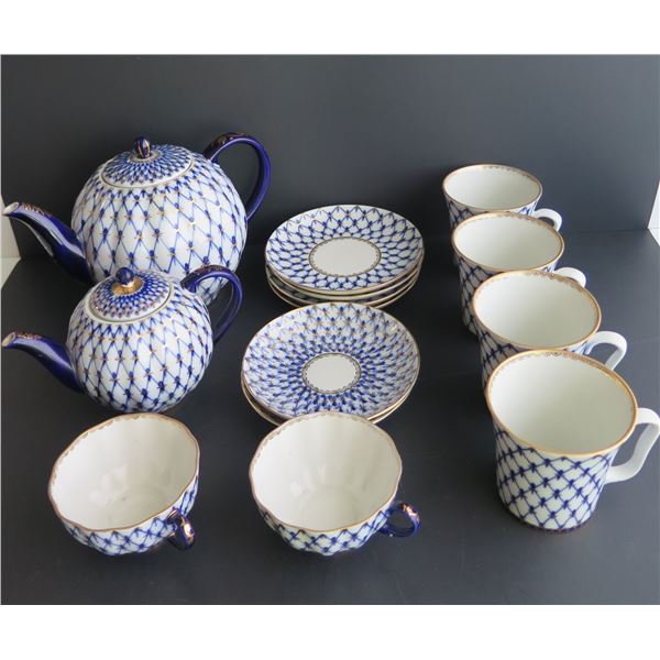 Qty 14 Russian Porcelain Tea Set, 2 Teapots, 6 Teacups & Saucers