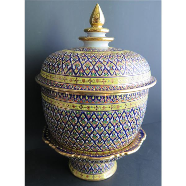 Thai Benjarong Porcelain Lidded Bowl w/ Stand 10" Tall