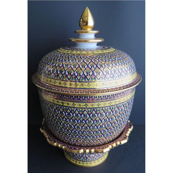 Thai Benjarong Porcelain Lidded Bowl w/ Stand 12" Tall