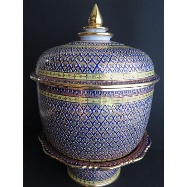 Thai Benjarong Porcelain Lidded Bowl w/Stand 14" Tall