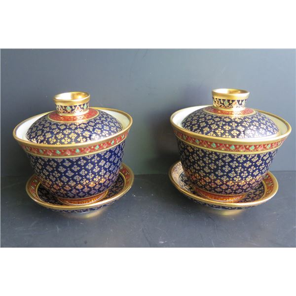 Thai Benjarong Porcelain Lidded Teacup/Bowl w/ Stand 4" Tall