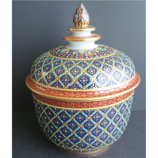 Thai Benjarong Porcelain Lidded Bowl  7" Tall