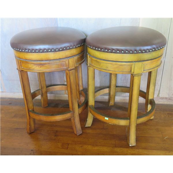 Qty 2 Wood Upholstered Bar Stools  w/Curved Legs 24" Tall