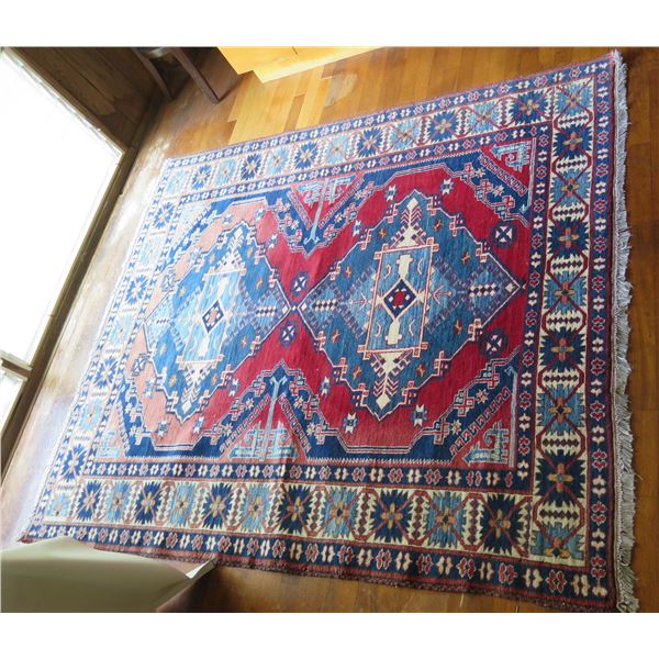 Persian Rug, Geometric Pattern, Red Blue & White 78" x 65"