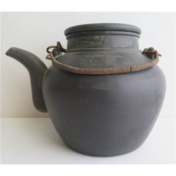 Chinese Clay Teapot w/ Metal Handle, Black Maker's Mark 6" Tall
