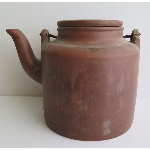 Chinese Yixing Clay Teapot w/ Metal Handle, Terracotta, Maker's Mark, 5.5" Tall