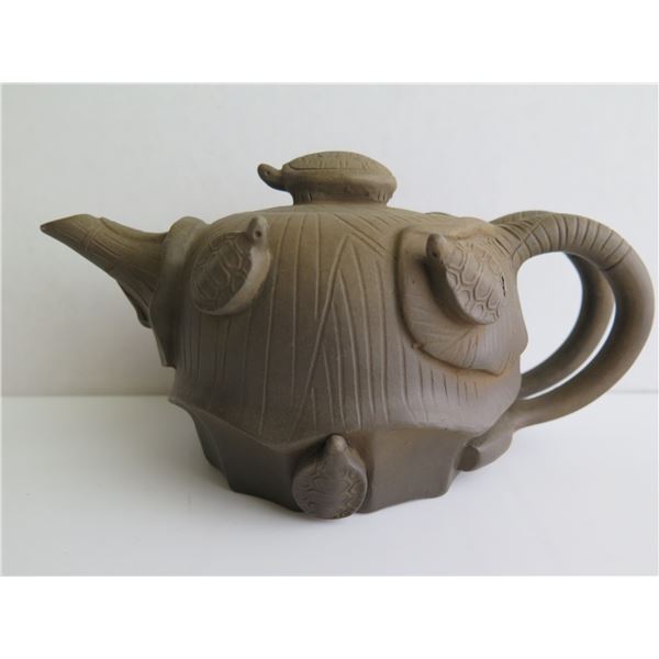 Chinese Yixing Clay Teapot w/Raised Turtle Figures, Brown 4" Tall