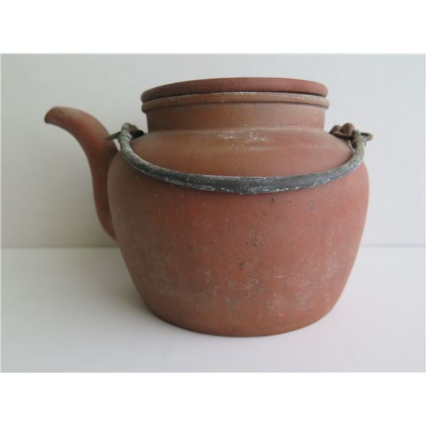 Chinese Clay Teapot w/Metal Handle, Terracotta, Maker's Mark, 5" Tall