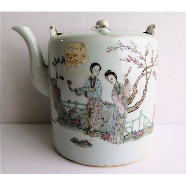 Ching Dynasty Porcelain Teapot w/ Wax Seal Authentication, Women & Chinese Symbols 5" Tall