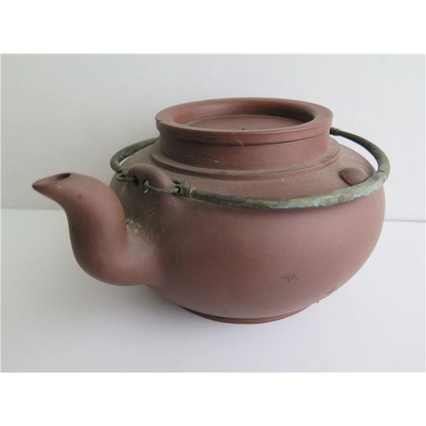 Chinese Yixing Clay Teapot w/ Metal Handle, Brown Maker's Mark 4" Tall