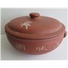 Image 1 : Chinese Clay Lidded Bowl w/ Inscribed Chinese Symbols, Terracotta, 5.5" Tall