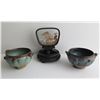 Image 1 : Qty 3 Chinese Ceramic Bowls & Hand Carved Cork Diorama in Case w/Wooden Stand